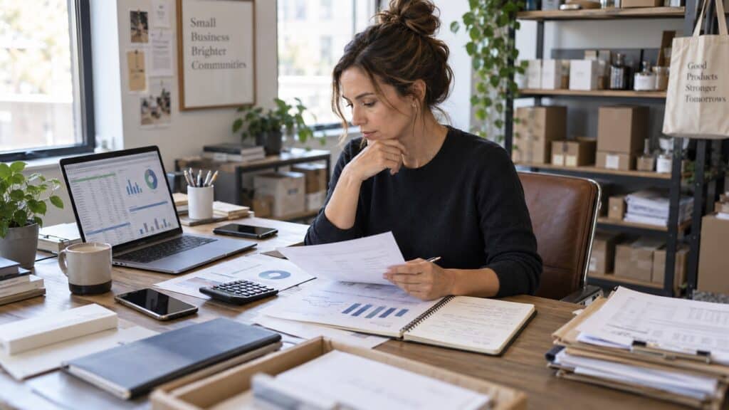 Small-business owner reviewing a 90-day cash-flow plan with weekly forecasts, receivables, pricing, expenses, and revenue priorities