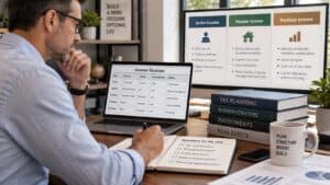 Business owner reviewing active, passive, and portfolio income sources with financial records and tax planning documents