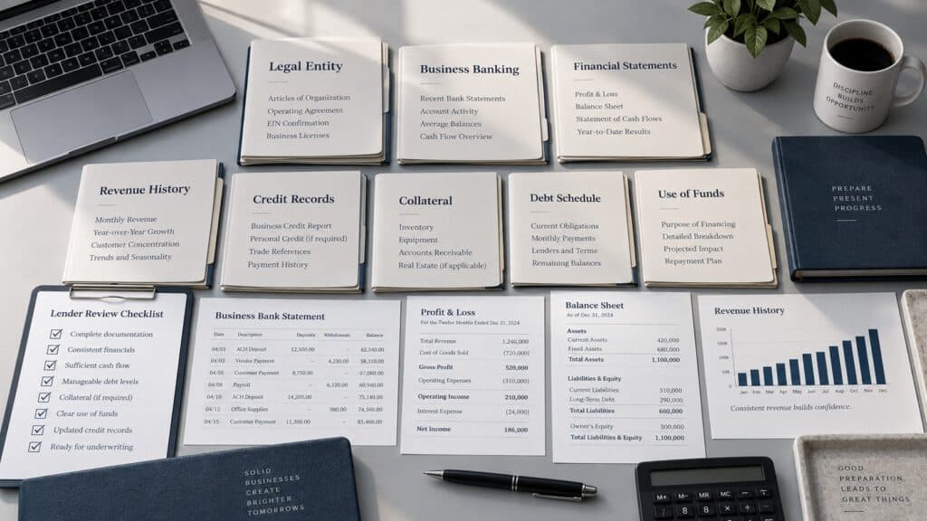 Business credit checklist showing the financial records, credit files, banking history, revenue, collateral, and documentation lenders review before funding