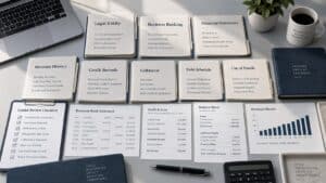 Business credit checklist showing the financial records, credit files, banking history, revenue, collateral, and documentation lenders review before funding
