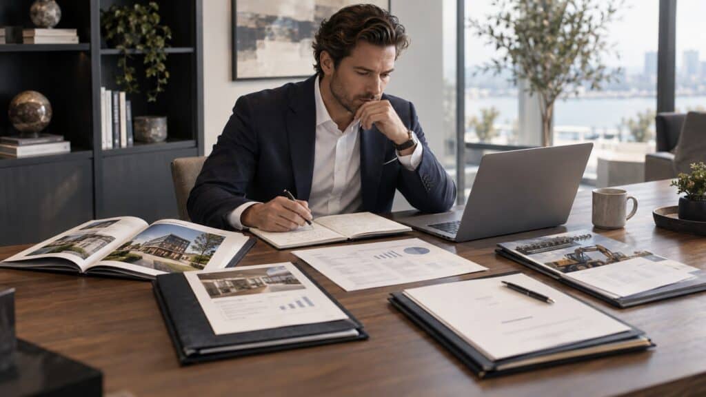 Investor reviewing cash-flow asset options with documents, charts, laptop, and notes on capital, liquidity, time, and risk in a modern office