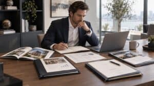 Investor reviewing cash-flow asset options with documents, charts, laptop, and notes on capital, liquidity, time, and risk in a modern office