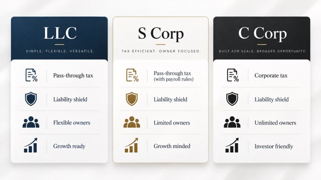 LLC, S corporation, and C corporation comparison for business tax, liability, ownership, and growth planning