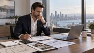 Real estate investor reviewing rental property cash flow, operating expenses, debt service, and financial projections before making a purchase decision