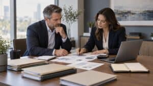 Business owner reviewing a quarterly tax strategy calendar with financial records, planning notes, and year-round business tax documents
