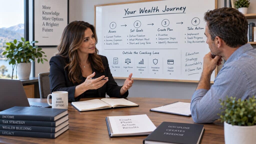 Wealth coach guiding a client through financial goals, priorities, action steps, and accountability during a professional coaching session