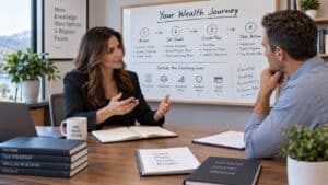 Wealth coach guiding a client through financial goals, priorities, action steps, and accountability during a professional coaching session