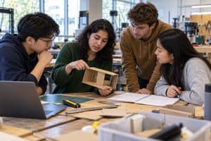 Student project team reviewing a prototype beside a written obstacle and action record
