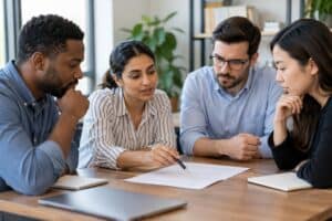 Small business team reviewing a written action log around a meeting table