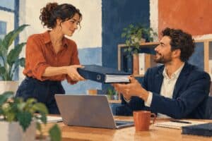 Business owner passing a process binder to a colleague at a shared workstation