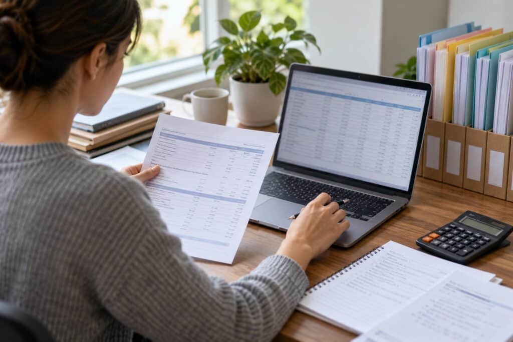 Bookkeeper comparing an account statement with a ledger beside organized monthly folders